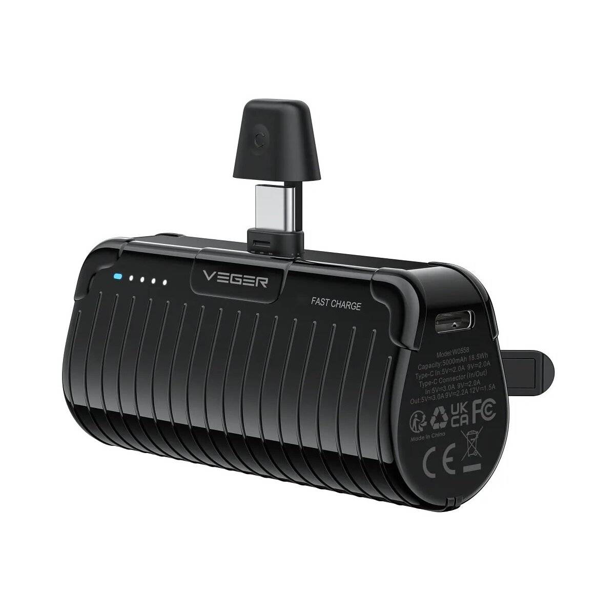 Powerbank 5000 mAh mit integriertem Typ C PlugOn PD QC3.0-Anschluss 3A 20W schwarz