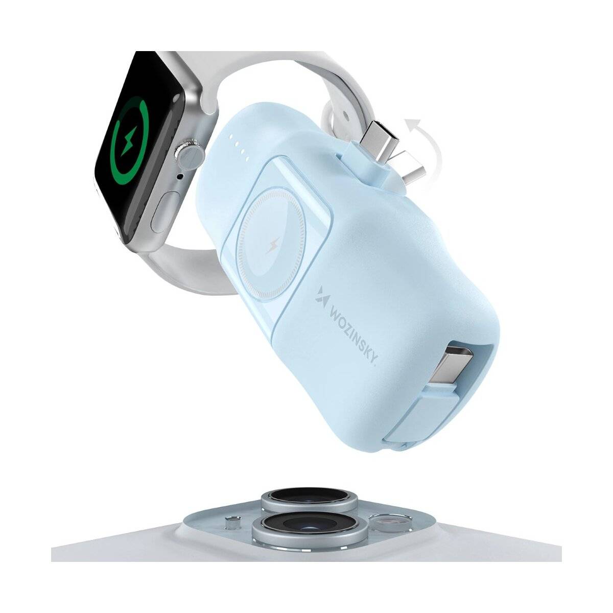 Mini-Powerbank mit integriertem USB-C-Kabel und Apple Watch Ladegerät 5000 mAh 15 W Blau