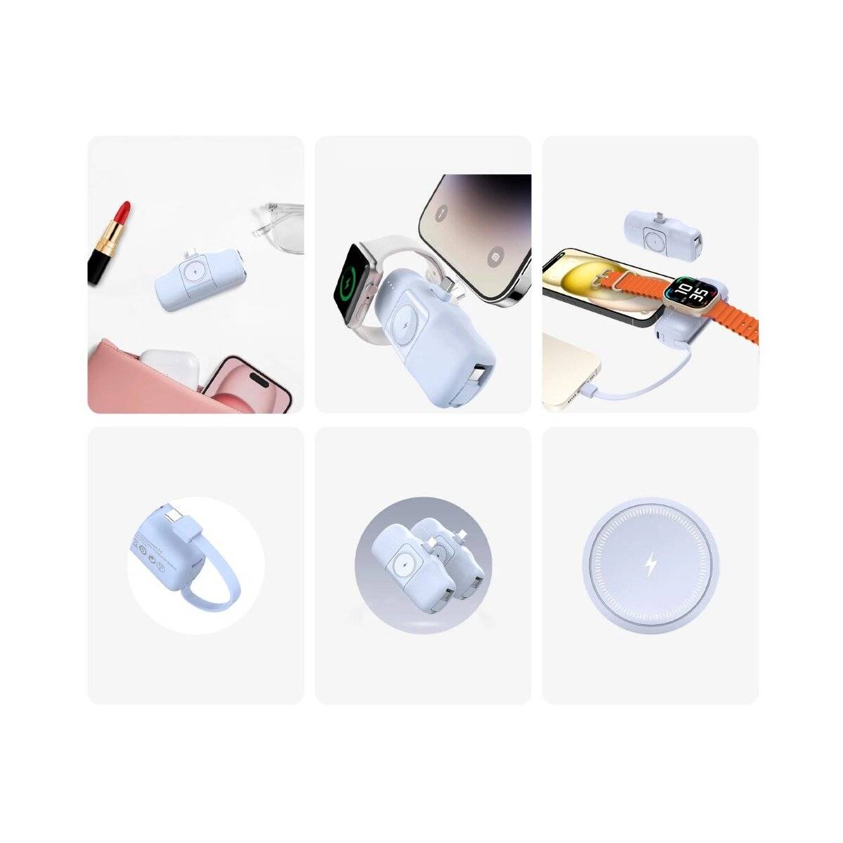 Mini-Powerbank mit integriertem USB-C-Kabel und Apple Watch Ladegerät 5000 mAh 15 W Blau