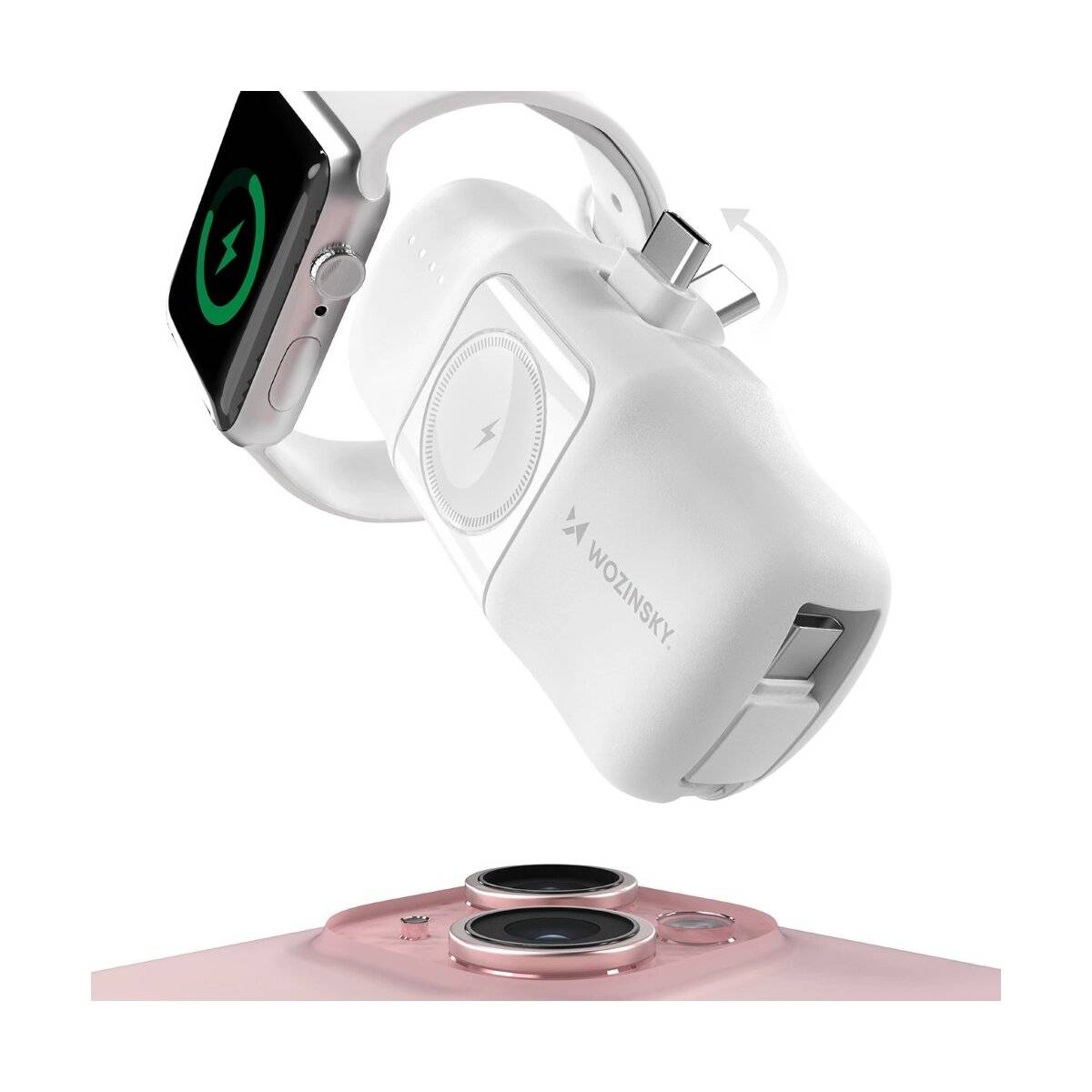 Mini-Powerbank mit integriertem USB-C-Kabel und Apple Watch Ladegerät 5000 mAh 15 W Weiß