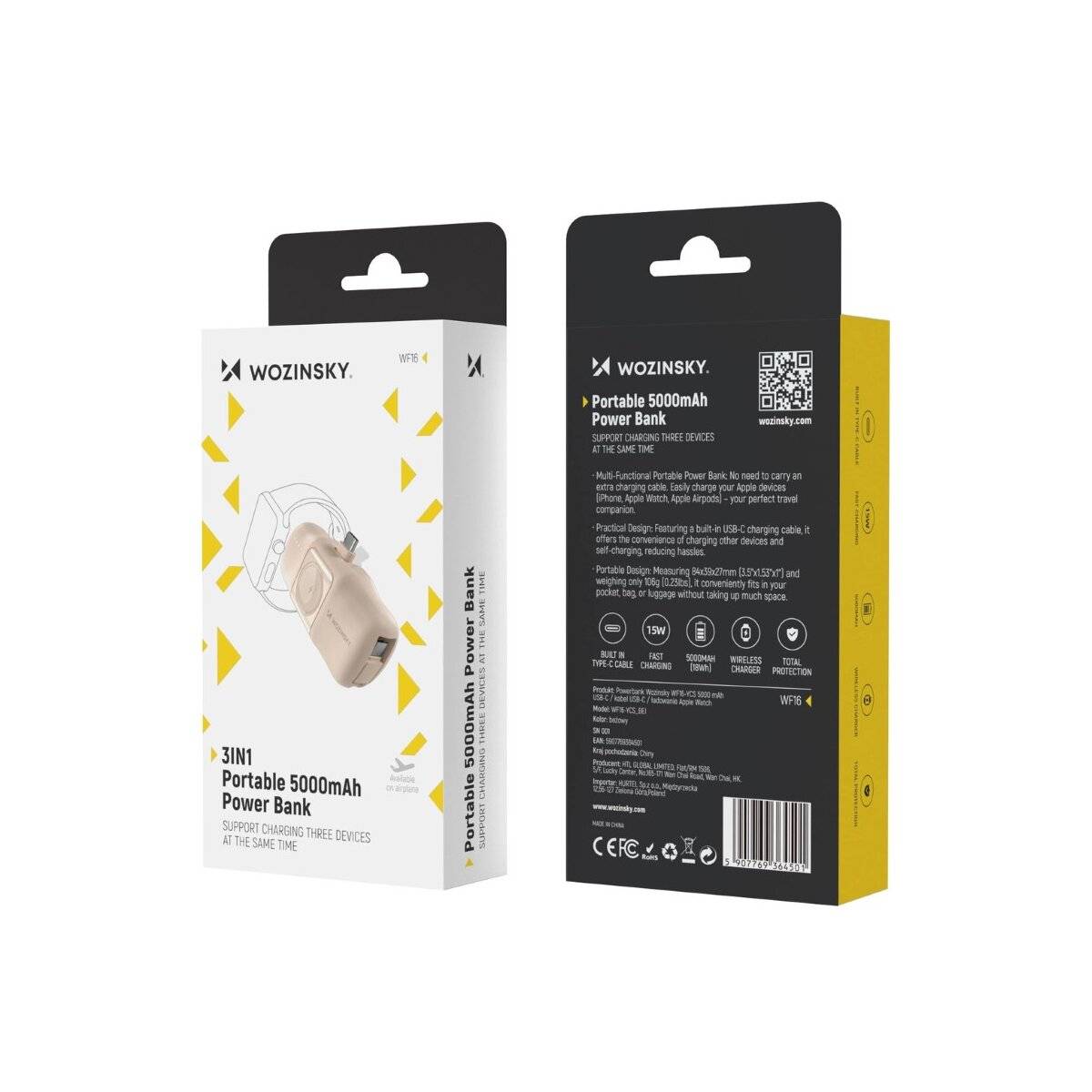 Mini-Powerbank mit integriertem USB-C-Kabel und Apple Watch Ladegerät 5000 mAh 15 W Beige