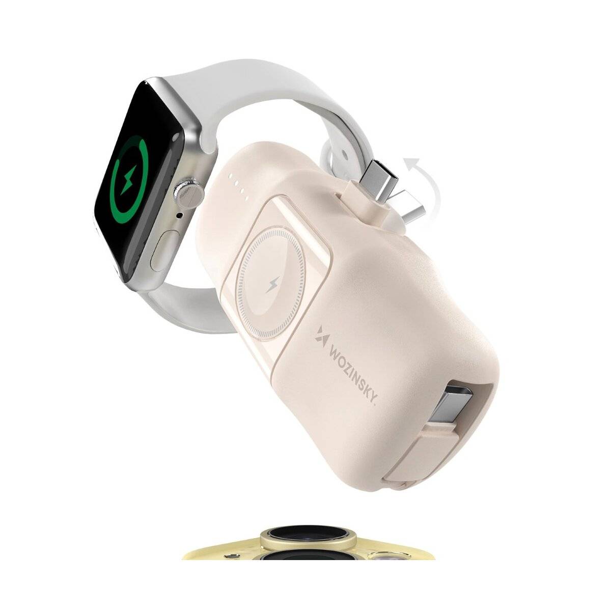 Mini-Powerbank mit integriertem USB-C-Kabel und Apple Watch Ladegerät 5000 mAh 15 W Beige