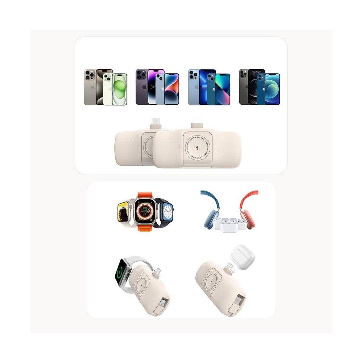 Mini-Powerbank mit integriertem USB-C-Kabel und Apple Watch Ladegerät 5000 mAh 15 W Beige