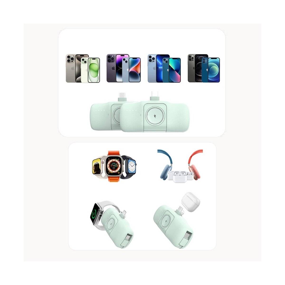 Mini-Powerbank mit integriertem USB-C-Kabel und Apple Watch Ladegerät 5000 mAh 15 W Grün