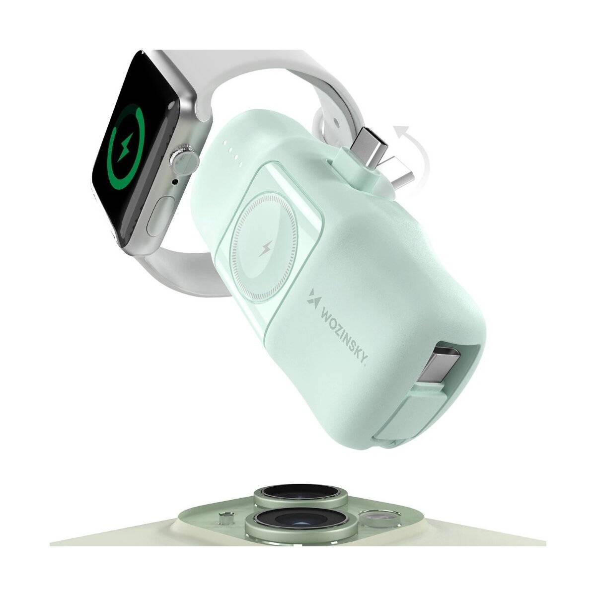 Mini-Powerbank mit integriertem USB-C-Kabel und Apple Watch Ladegerät 5000 mAh 15 W Grün