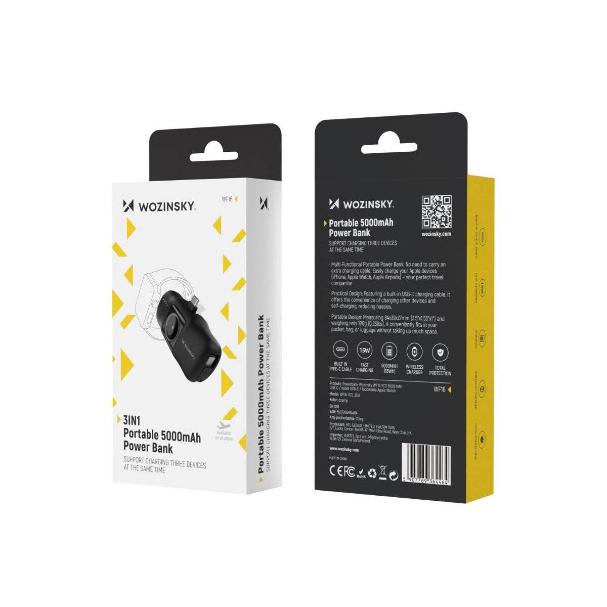 Mini-Powerbank mit integriertem USB-C-Kabel und Apple Watch Ladegerät 5000 mAh 15 W Schwarz