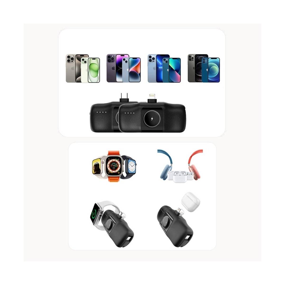 Mini-Powerbank mit integriertem USB-C-Kabel und Apple Watch Ladegerät 5000 mAh 15 W Schwarz