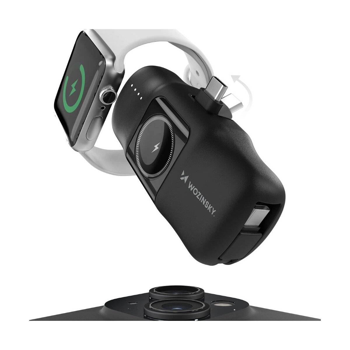 Mini-Powerbank mit integriertem USB-C-Kabel und Apple Watch Ladegerät 5000 mAh 15 W Schwarz