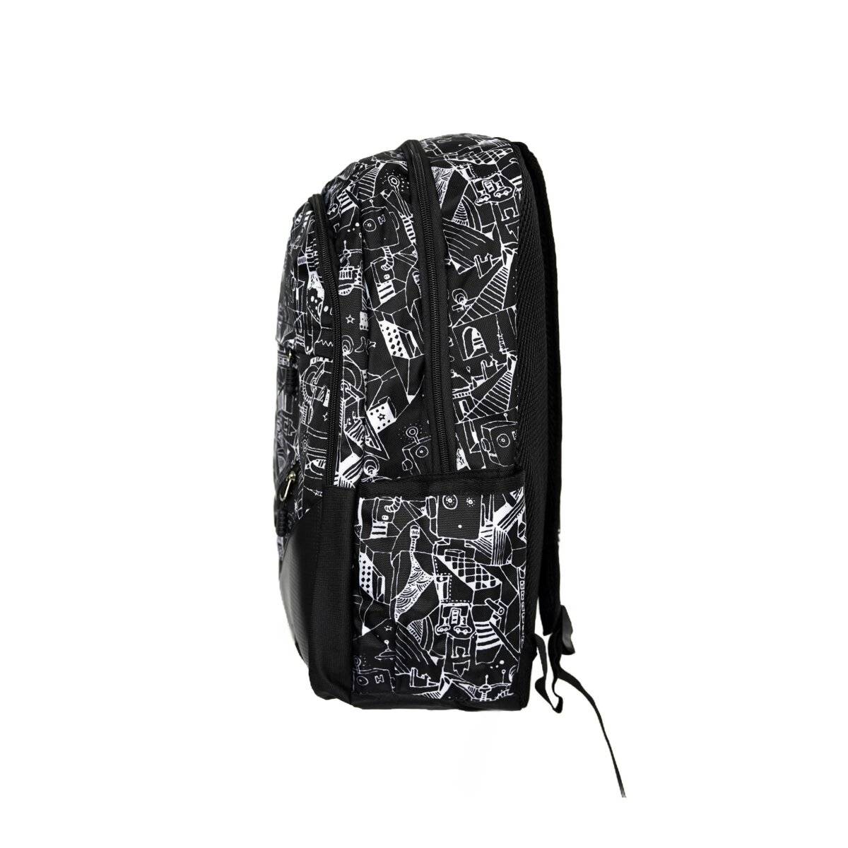 Rucksack mit Robotikdruck - 4 Fächer, 2 Seitentaschen - ergonomisch & komfortabel Schwarz