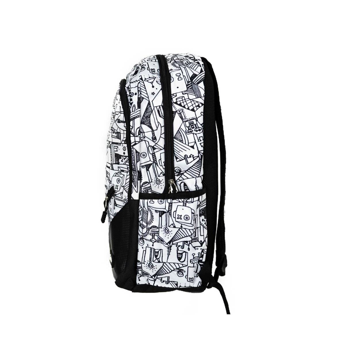 Rucksack mit Robotikdruck - 4 Fächer, 2 Seitentaschen - ergonomisch & komfortabel Weiß