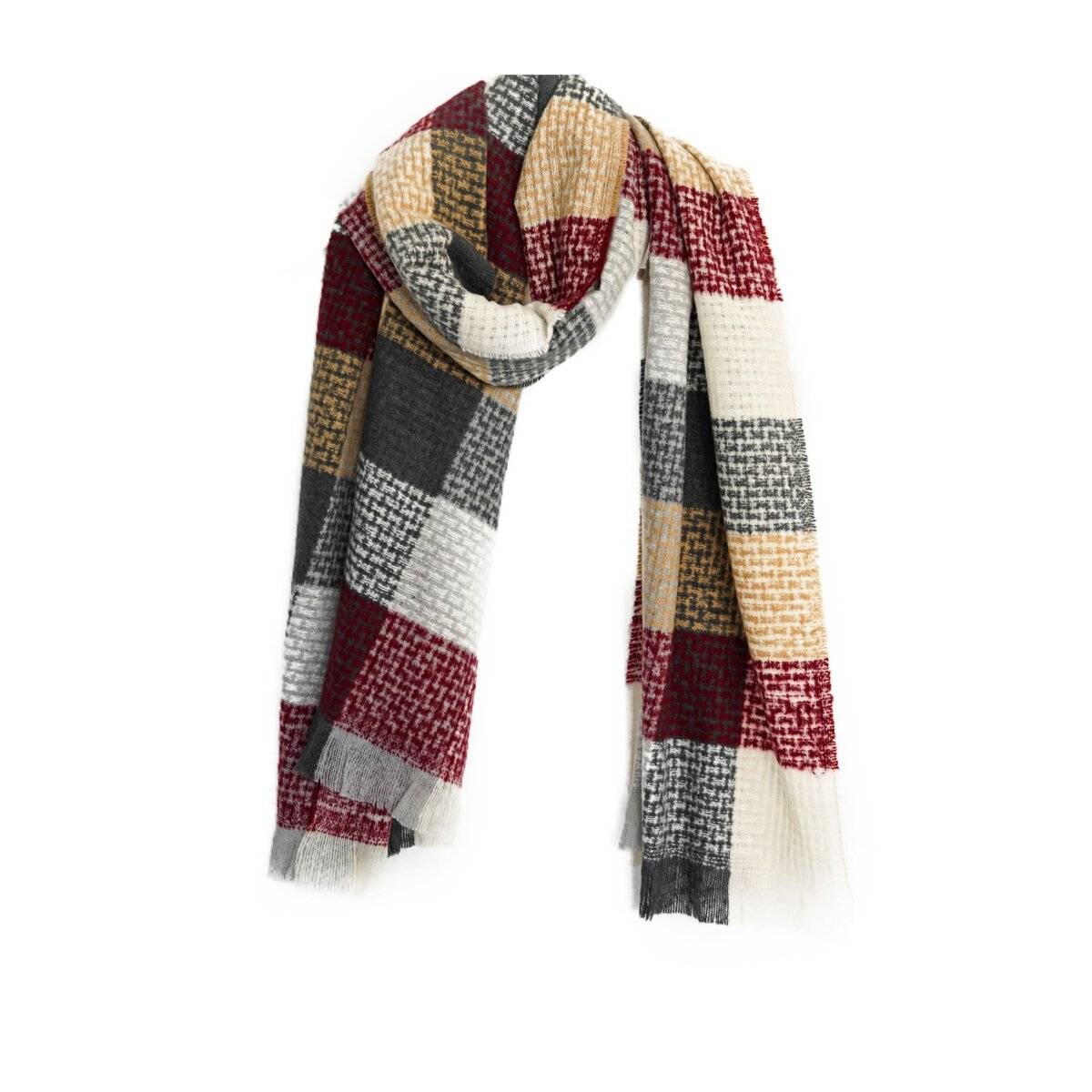 Damen-Schal mit Cashmere-Touch - Modeschal mit Karomuster 70x200 cm mit Fransen Bordeaux/Beige