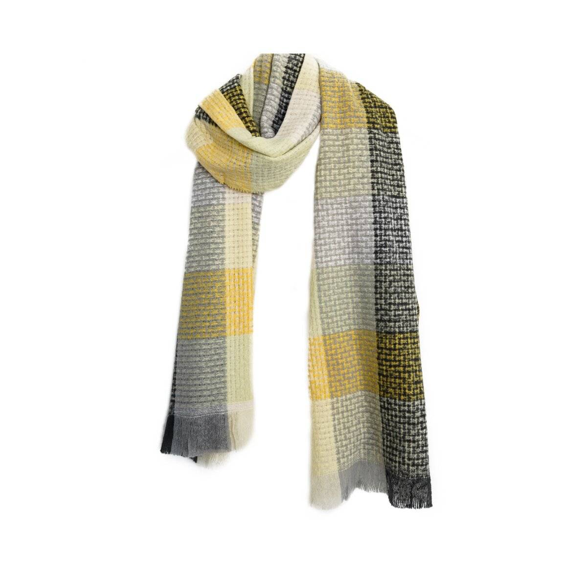 Damen-Schal mit Cashmere-Touch - Modeschal mit Karomuster 70x200 cm mit Fransen Gelb