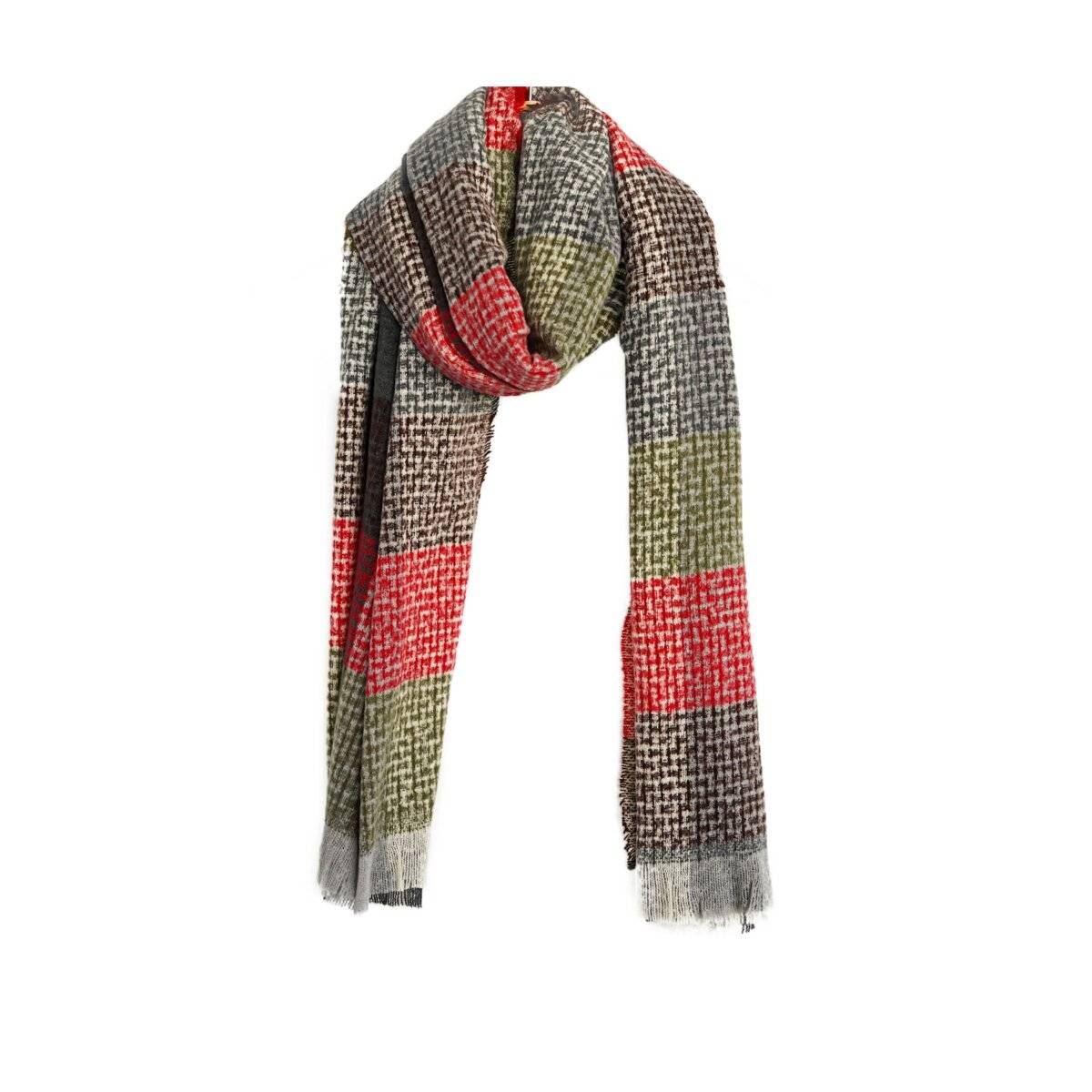Damen-Schal mit Cashmere-Touch - Modeschal mit Karomuster 70x200 cm mit Fransen Rot/Grün