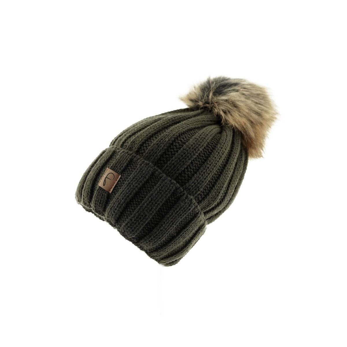 Faera Mütze zum Warmhalten im Herbst oder Winter Bommel-Mütze mit Futter Dunkelgrün