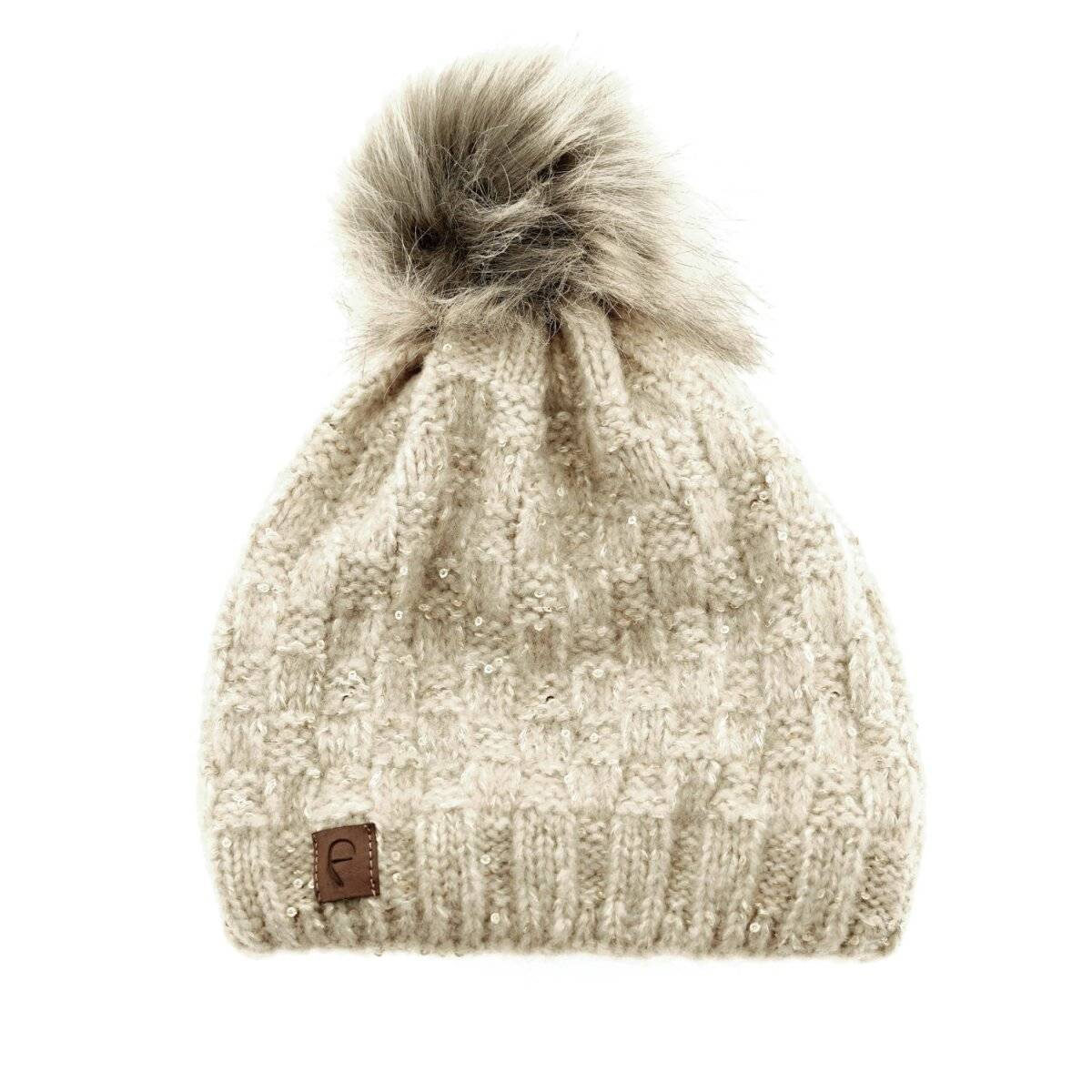 Faera Mütze zum Warmhalten im Herbst oder Winter Bommel-Mütze mit Perlen Cremeweiß