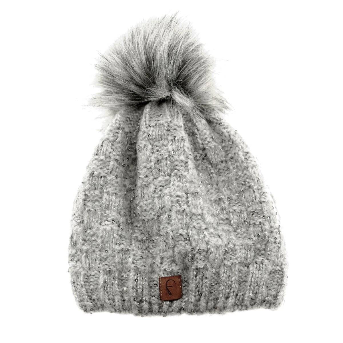 Faera Mütze zum Warmhalten im Herbst oder Winter Bommel-Mütze mit Perlen Grau