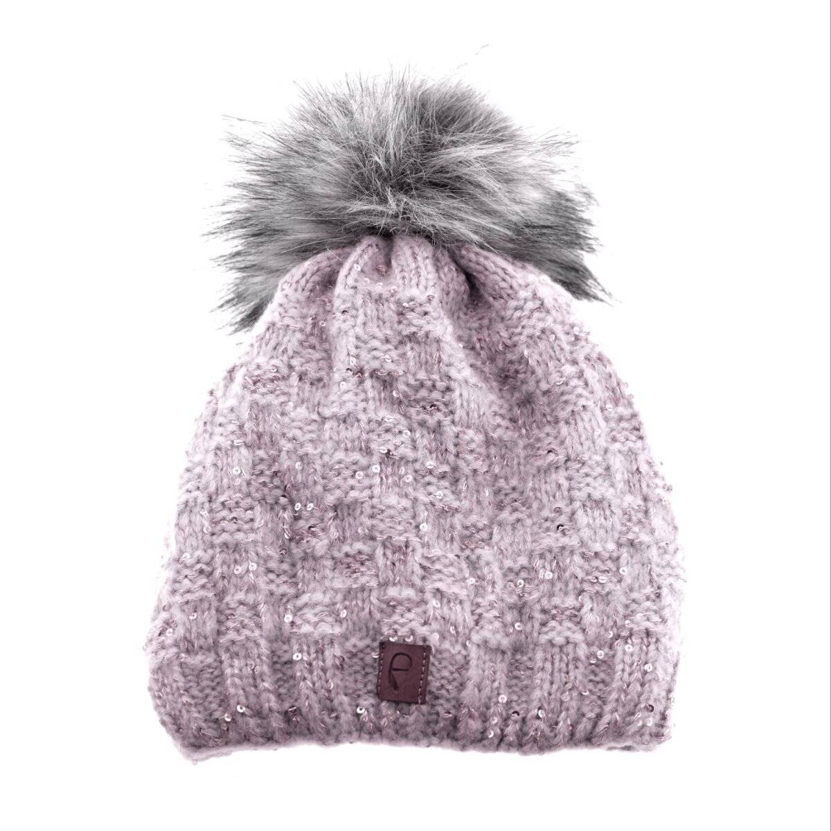 Faera Mütze zum Warmhalten im Herbst oder Winter Bommel-Mütze mit Perlen Lila