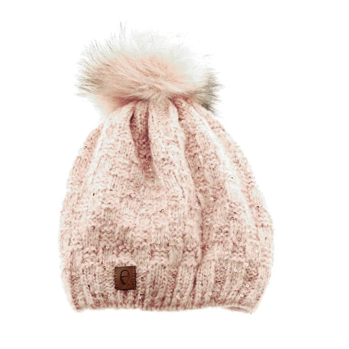 Faera Mütze zum Warmhalten im Herbst oder Winter Bommel-Mütze mit Perlen Rosa