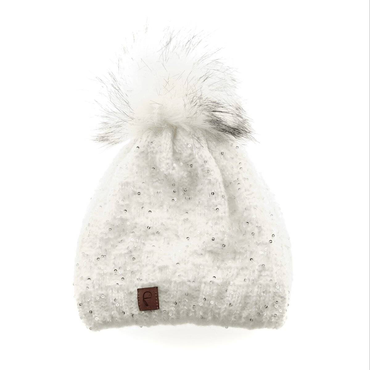 Faera Mütze zum Warmhalten im Herbst oder Winter Bommel-Mütze mit Perlen Weiß