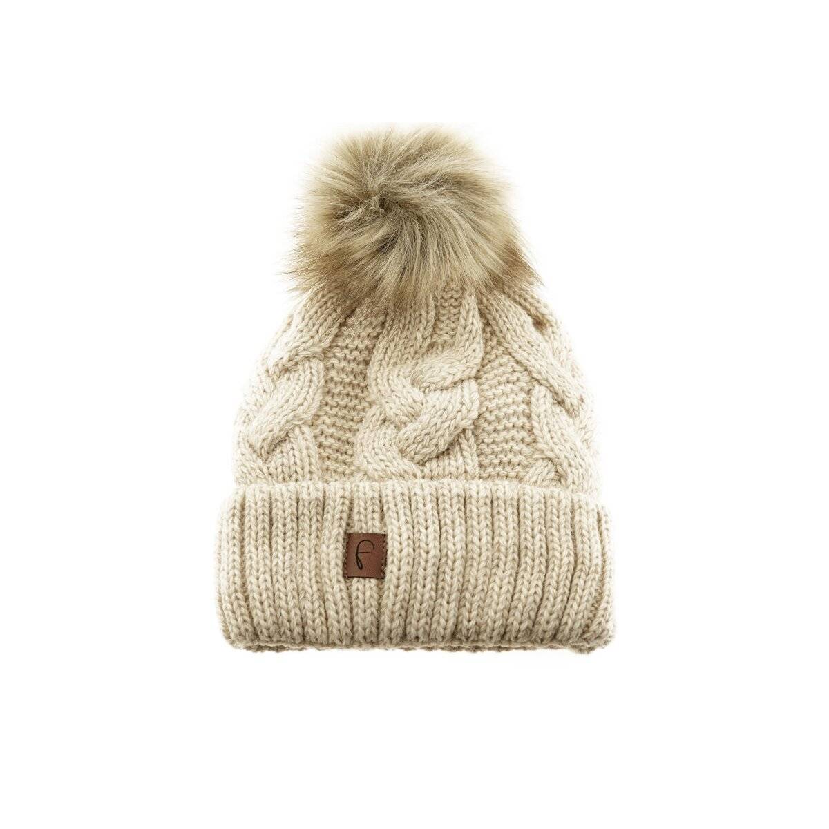 Faera Mütze zum Warmhalten im Herbst oder Winter Bommel-Mütze gefüttert Beige