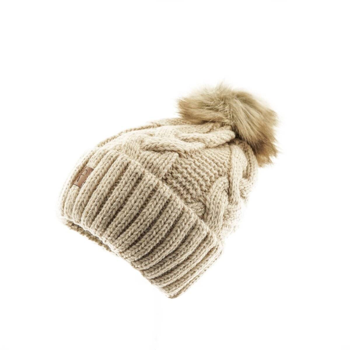 Faera Mütze zum Warmhalten im Herbst oder Winter Bommel-Mütze gefüttert Beige