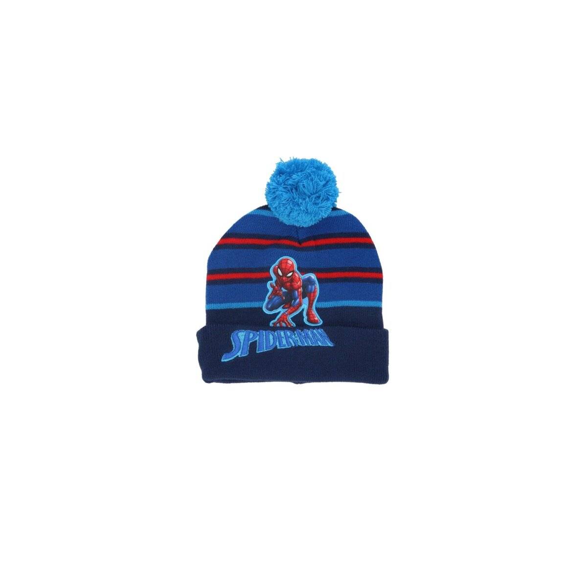Spiderman Wintermütze für Kinder  Warme Mütze mit Bommel und Stickerei Onesize Blau