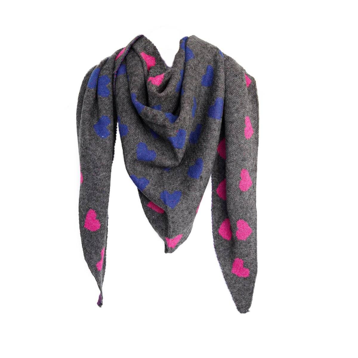 Eleganter Dreiecksschal mit Herzmuster für Damen 200x90 cm ideal für kühle Tage Anthrazit/Blau