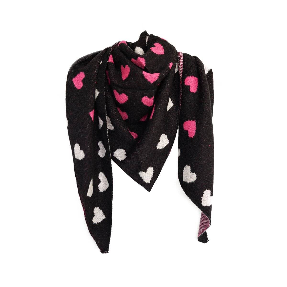 Eleganter Dreiecksschal mit Herzmuster für Damen 200x90 cm ideal für kühle Tage Schwarz/Pink