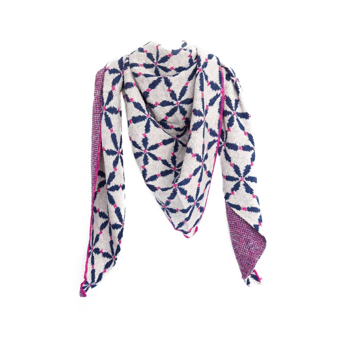 Kuscheliger Dreiecksschal mit Blumenmuster, warmhaltend für Damen 200x90 cm Weiß/Dunkelblau