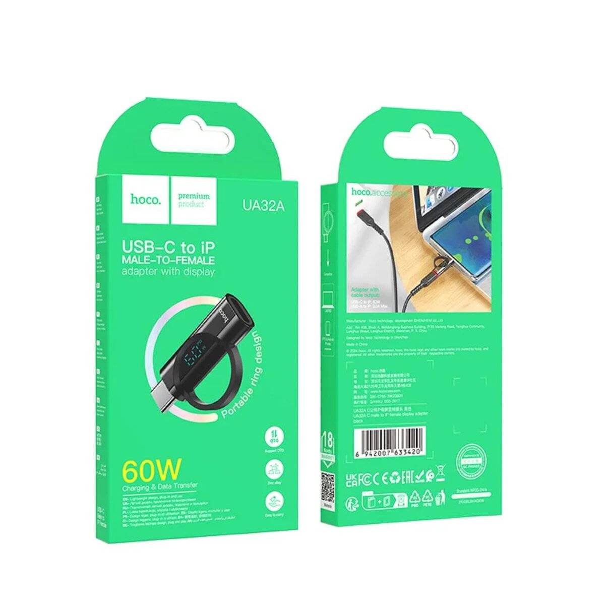 Adapter Typ C (männlich) auf iPhone-Anschluss (weiblich) mit Display 3A 60W Schwarz