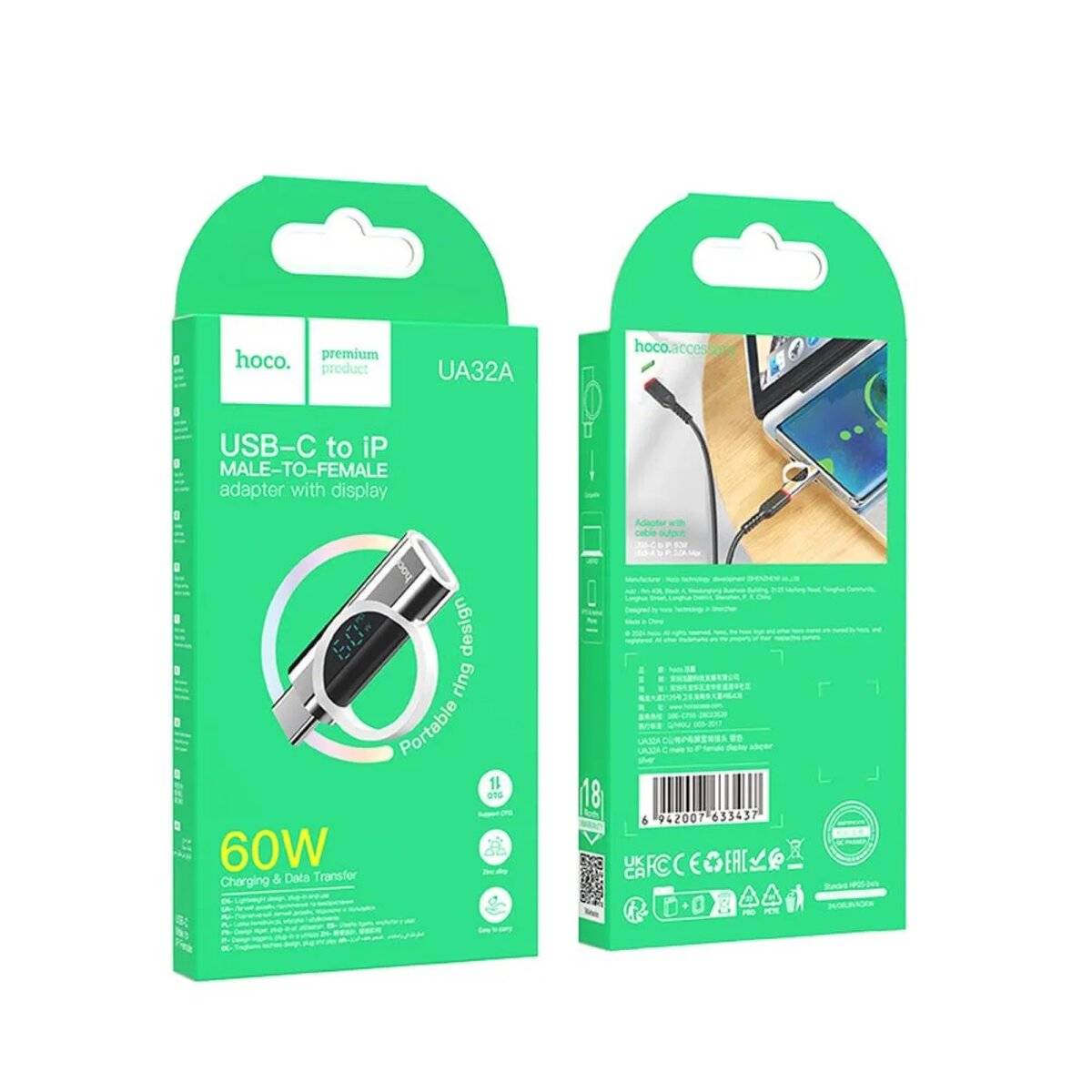 Adapter Typ C (männlich) auf iPhone-Anschluss (weiblich) mit Display 3A 60W Silber
