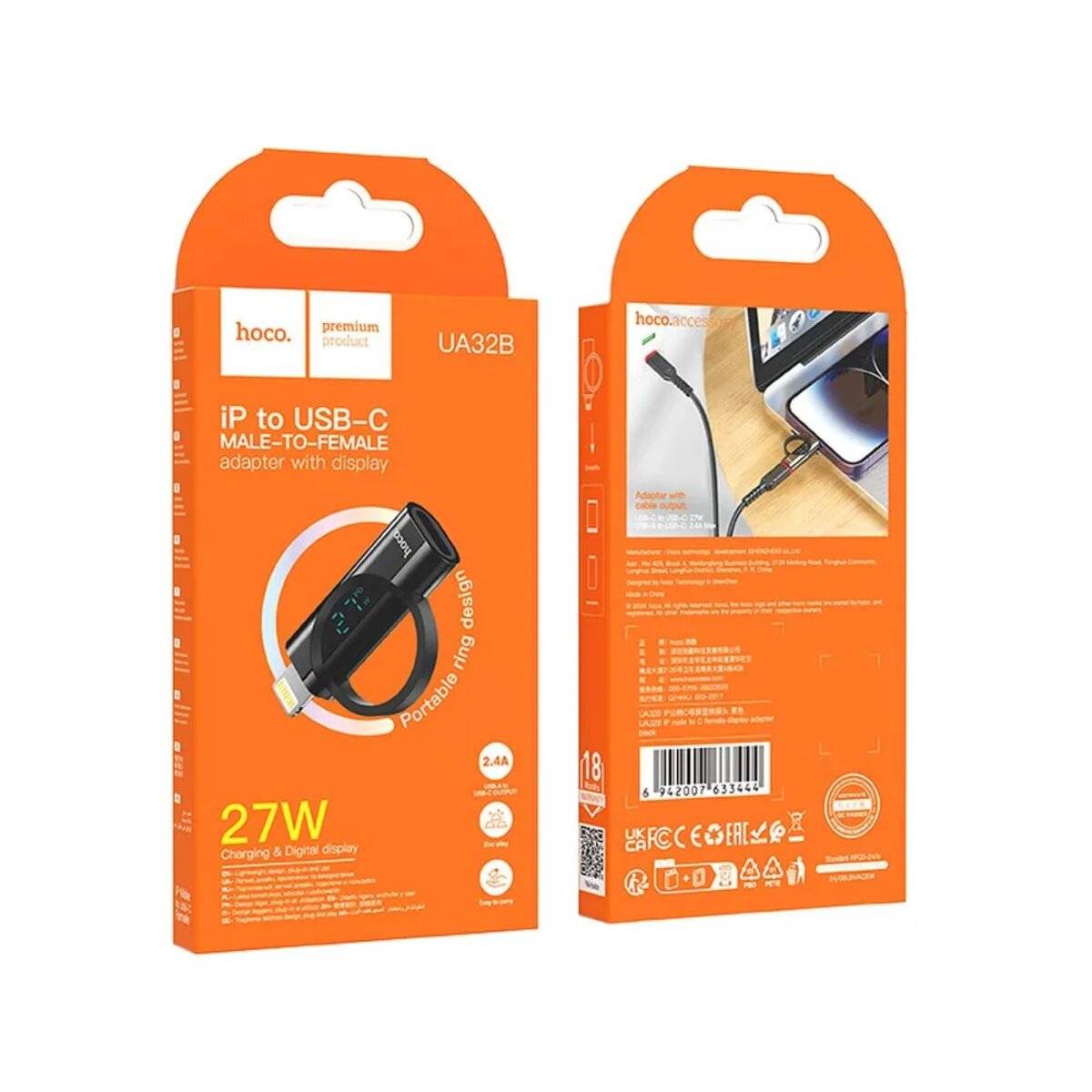 iPhone-Adapter (männlich) auf Typ C (weiblich) mit Display 2,4A 27W Schwarz