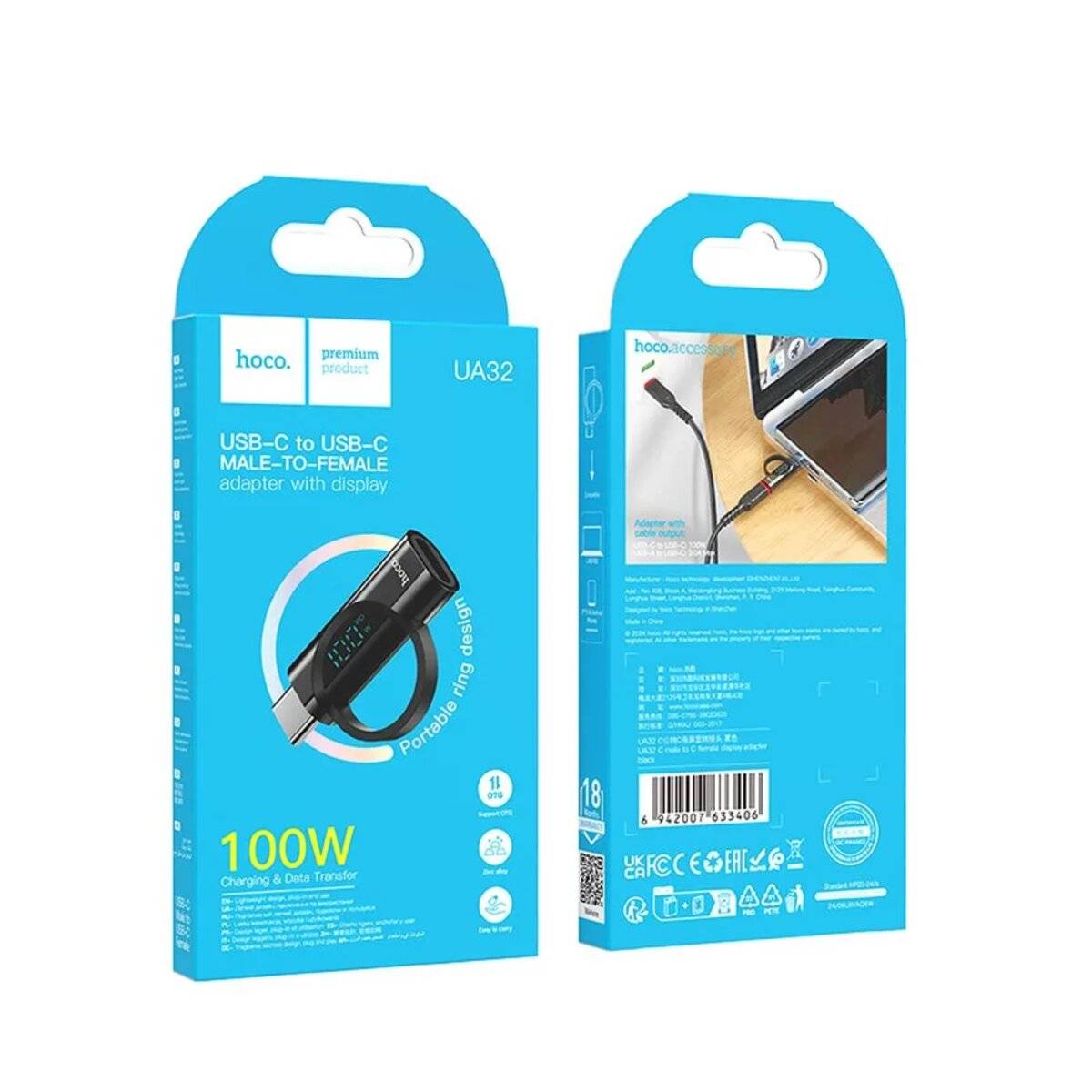 HOCO Adapter Typ C (männlich) auf Typ C (weiblich) mit Display 5A 100W schwarz