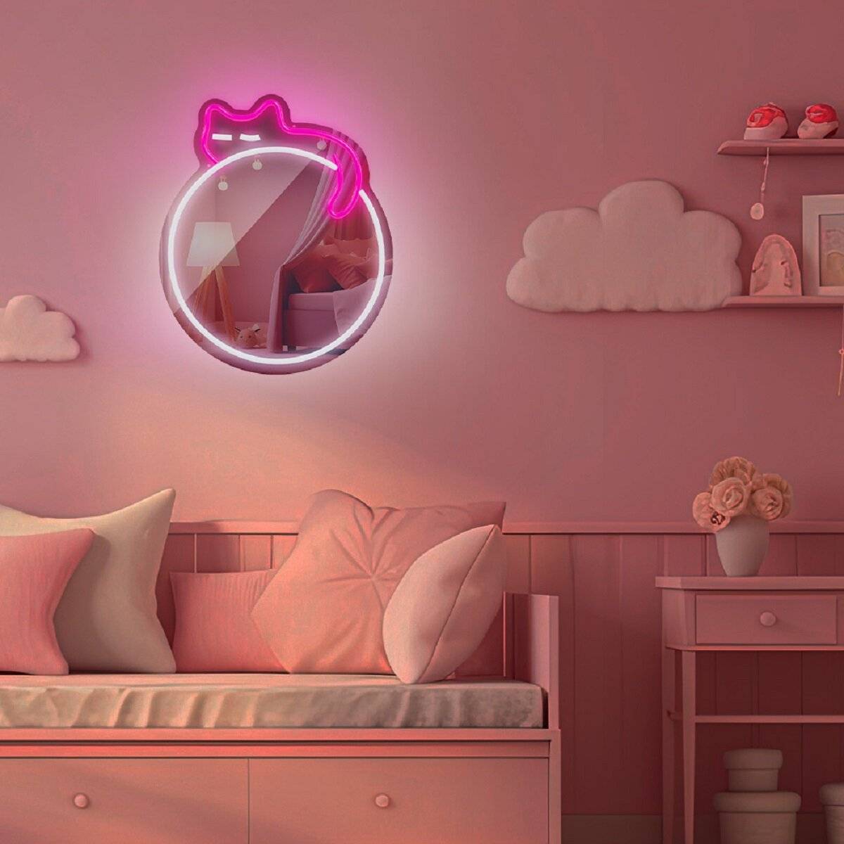 Forever Light LED Neon Dekolicht mit Spiegel Wandkunst Wanddekoration Sleeping Cat