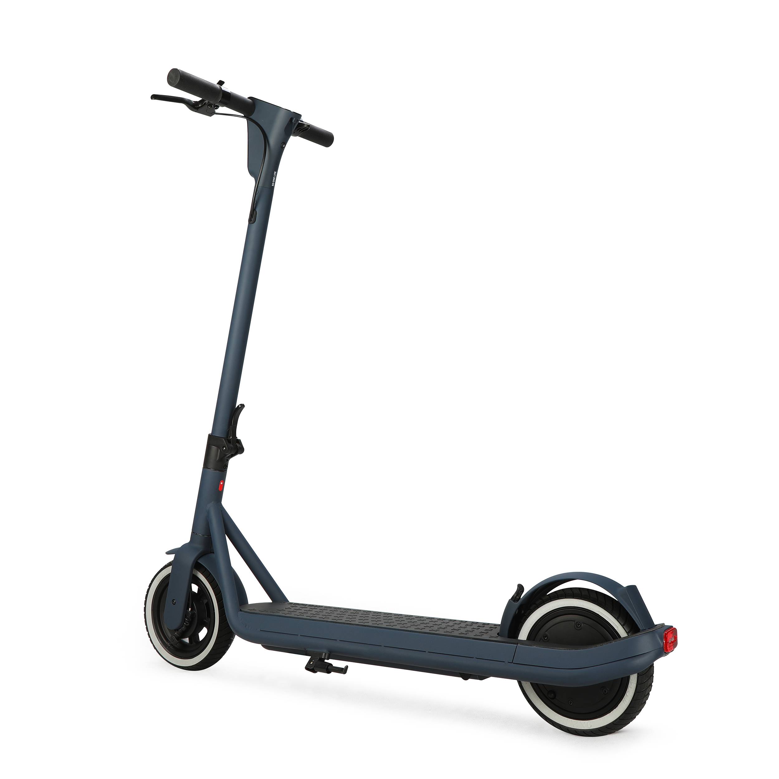 Ein dunkelblaues Elektroroller mit schlankem Rahmen und breiten Reifen, im Winkel auf weißem Hintergrund dargestellt.