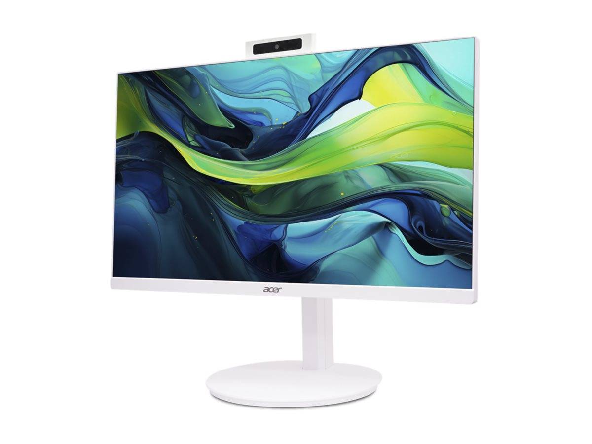 Ein schlanker, moderner Acer-Monitor mit einer lebendigen abstrakten Tapete in Grün- und Blautönen, die auf seinem Bildschirm dargestellt wird, auf einer einfachen runden Basis.