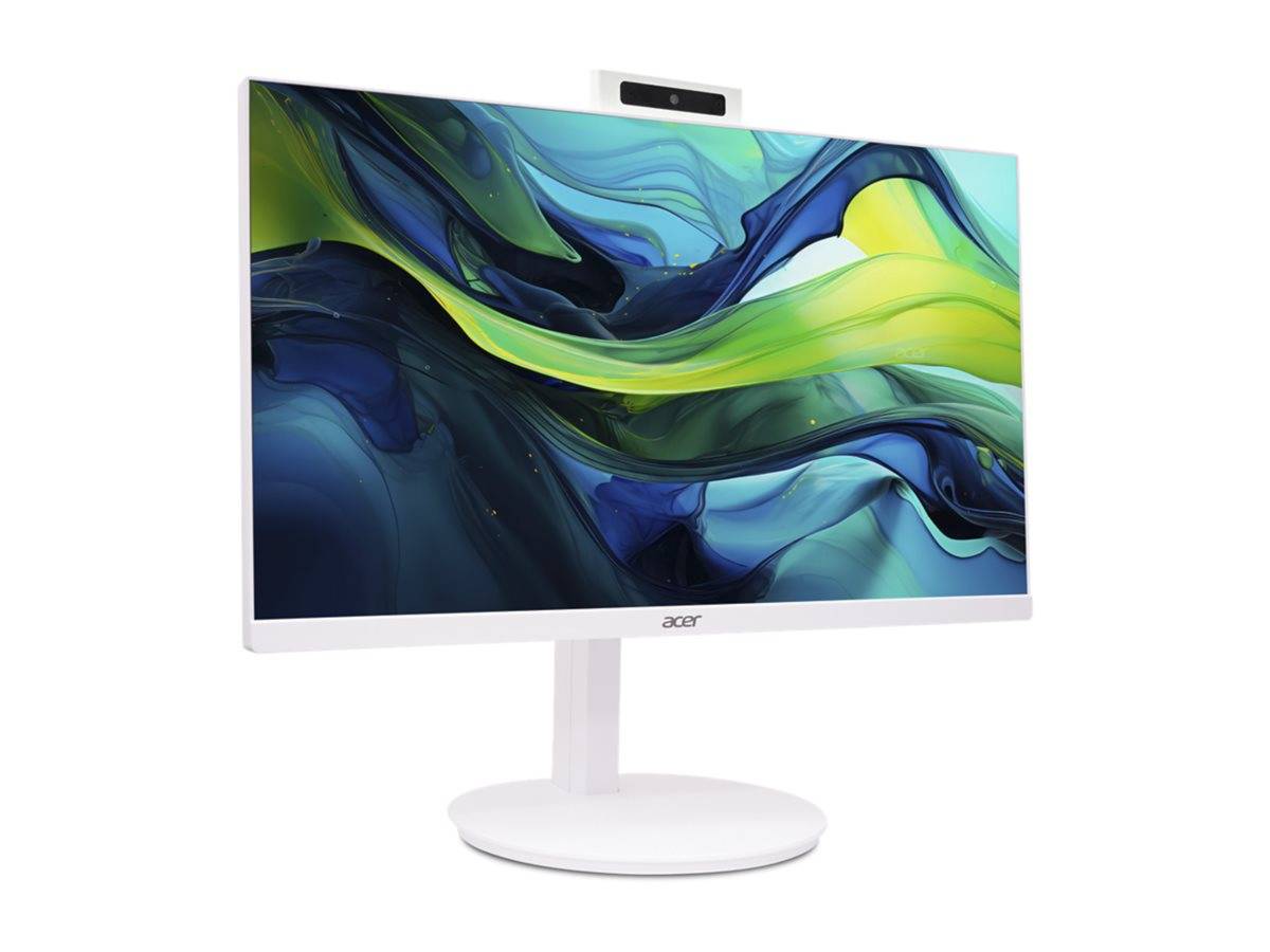 Acer-Desktop-Monitor mit elegantem Design, weißem Ständer und einer Webcam oben, der abstrakte mehrfarbige Wirbel anzeigt.