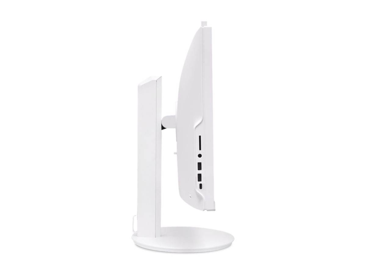 Eine Seitenansicht eines modernen weißen Computermonitors, die sein schlankes Design und die mehreren Anschlüsse an der Seite zeigt.