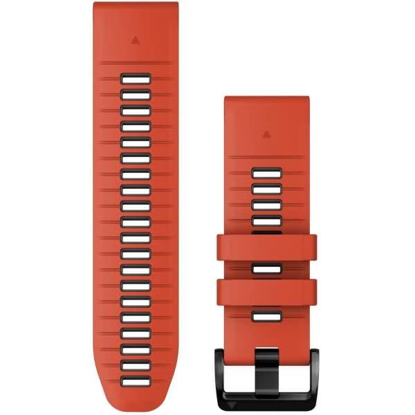Rotes Silikon-Uhrenarmband mit schwarzer Schnalle, gezeigt in Vorder- und Rückansicht auf weißem Hintergrund.