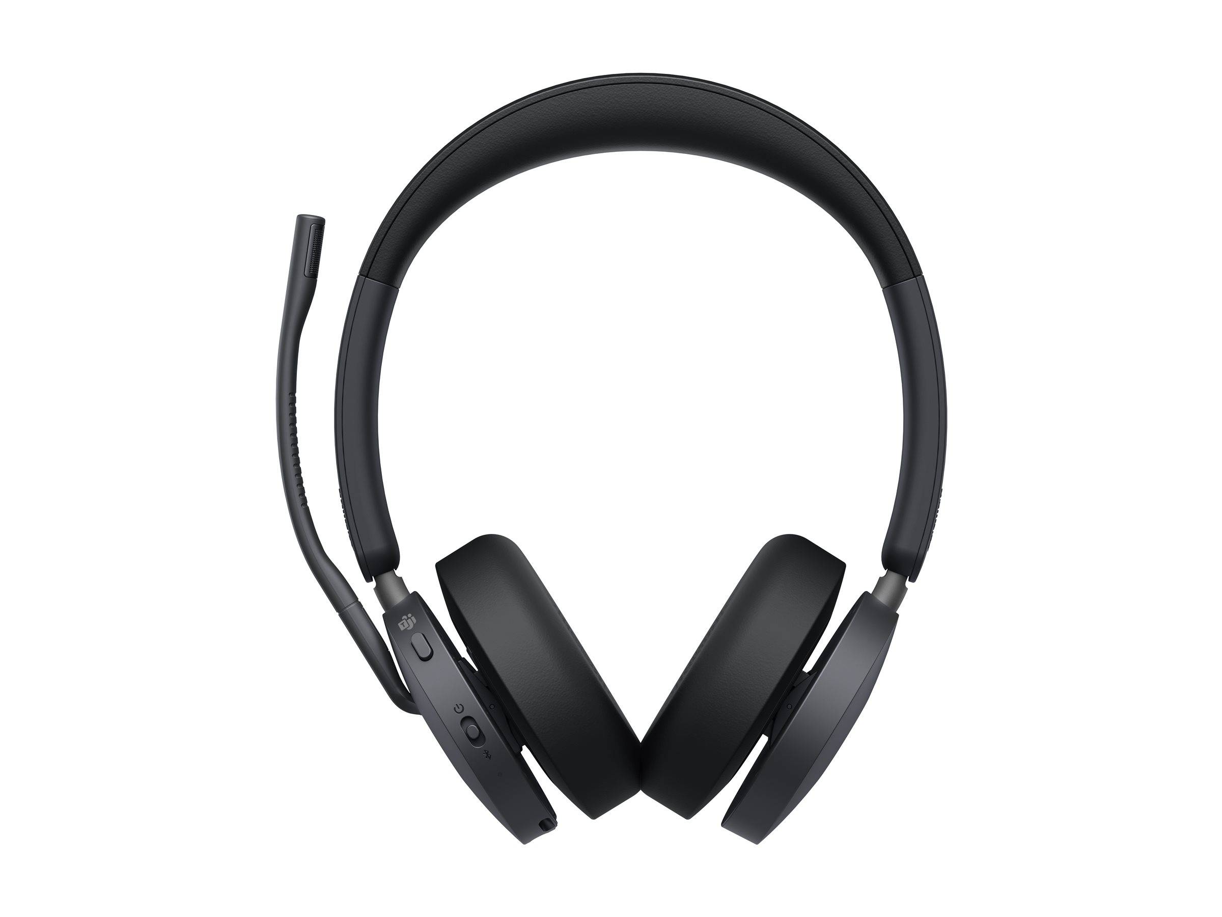 Schwarze Over-Ear-Kopfhörer mit einem verstellbaren Mikrofon, von vorne betrachtet, mit Hervorhebung der Tasten auf der linken Ohrmuschel.