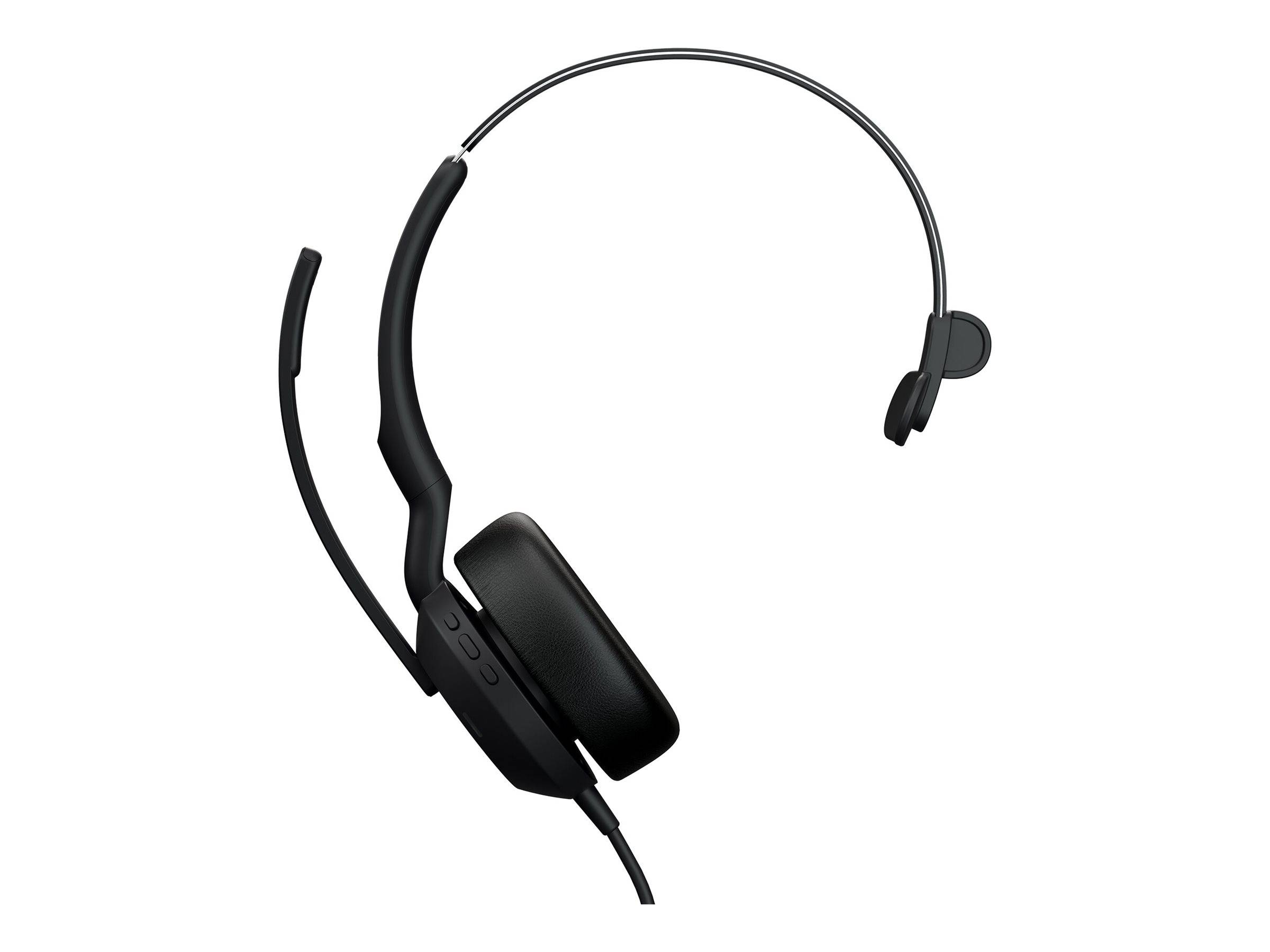 Ein schwarzes Headset mit nur einem Ohr, ausgestattet mit einem gepolsterten Ohrpad und einem verstellbaren Mikrofon, wird vor einem weißen Hintergrund präsentiert.