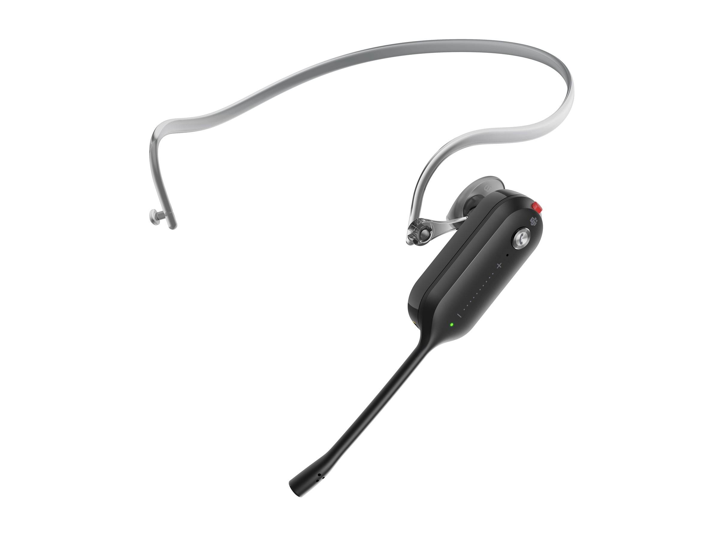 Ein schlankes schwarzes drahtloses Headset mit einem gebogenen silbernen Bügel und einem dünnen Mikrofonarm, entwickelt für Kommunikation ohne Hände.