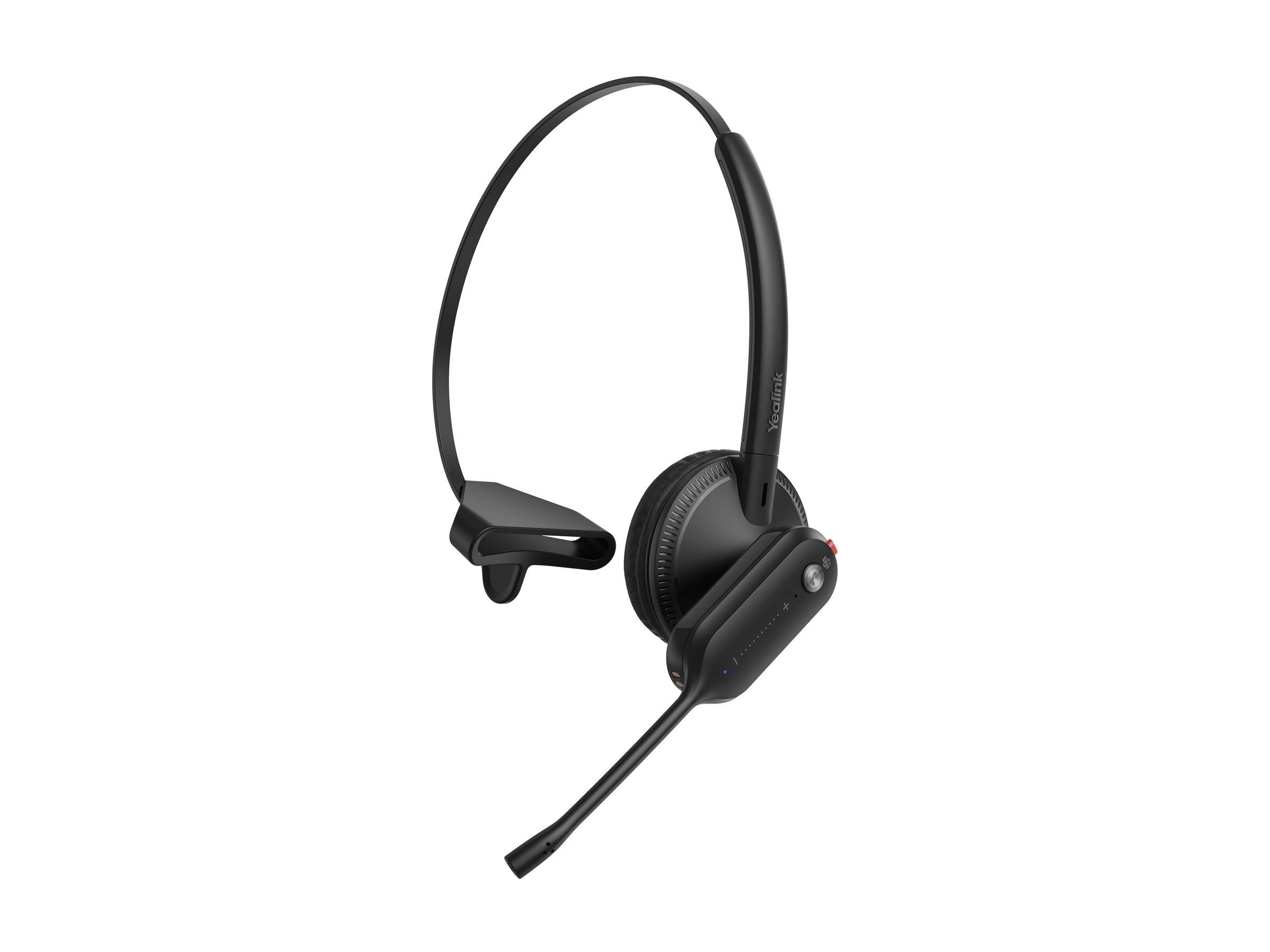 Ein einzelnes schwarzes drahtloses Headset mit verstellbarem Mikrofon und gepolsterten Ohrmuscheln, entwickelt für professionelle Anwendungen oder Gaming.