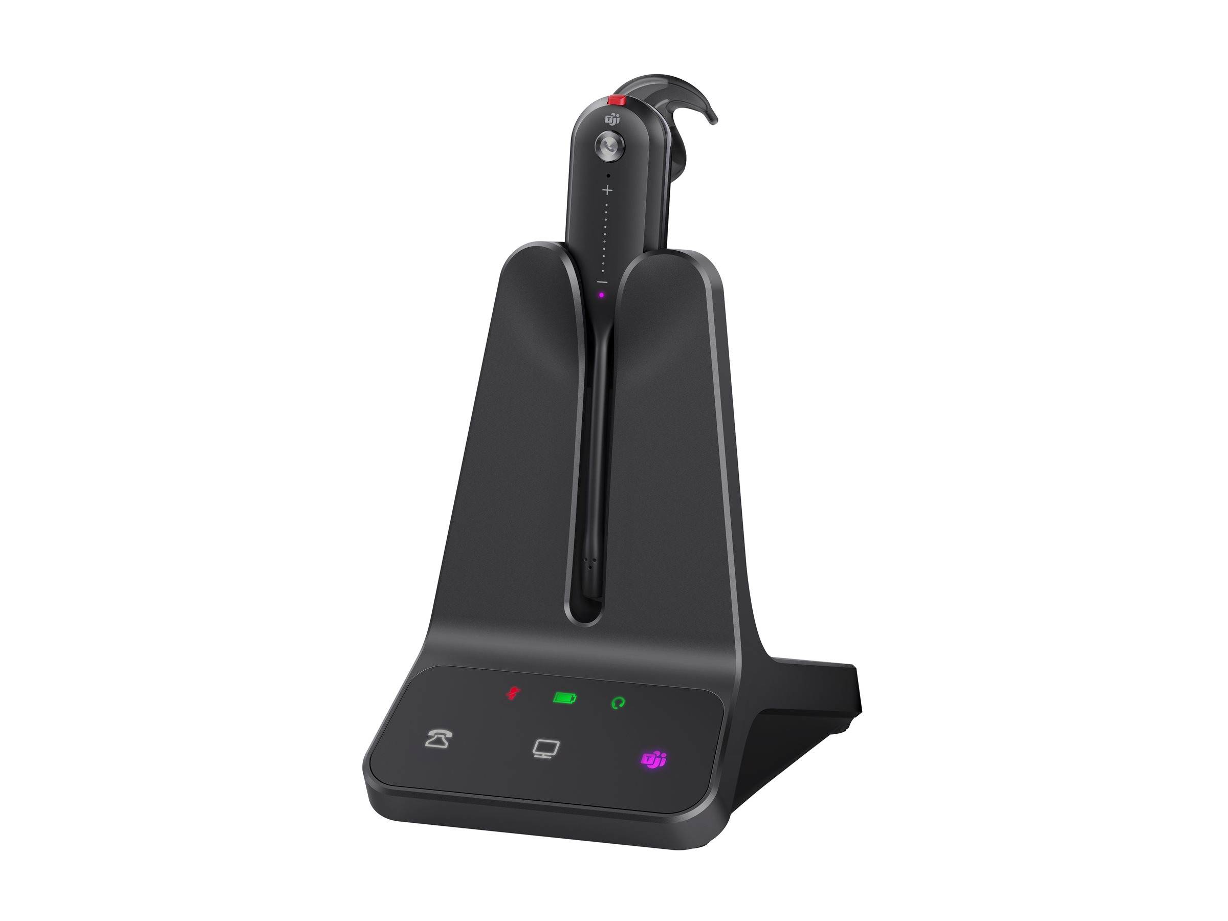 Ein schwarzes kabelloses Headset in einer eleganten Ladestation mit Anzeige-LEDs auf der Basis.