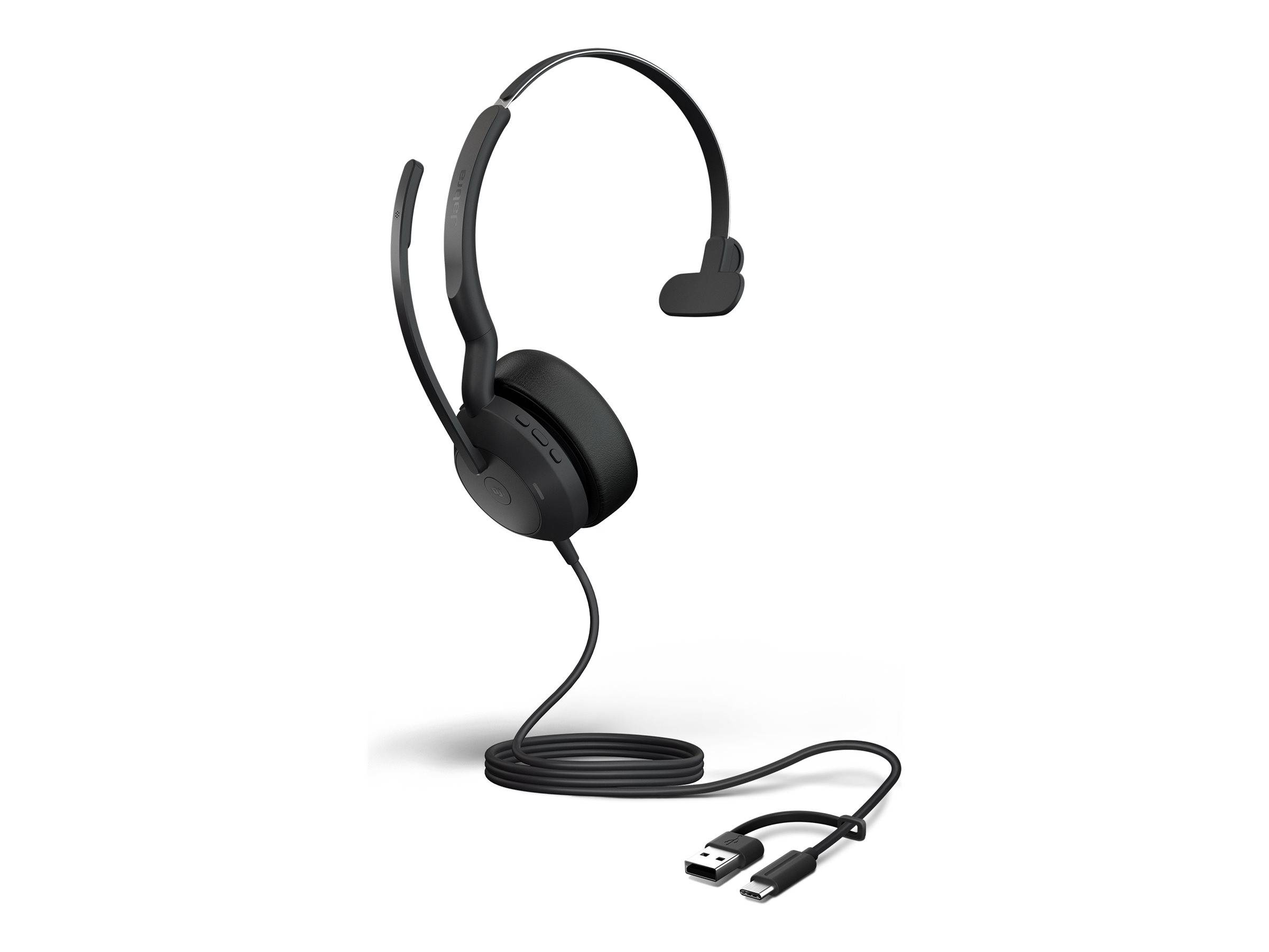 Ein schwarzes Over-Ear-Headset mit angebrachtem Mikrofon und zwei USB-Anschlüssen an einem langen Kabel, geeignet für Kommunikation und Audioaufgaben.