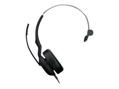 Ein schwarzes Headset mit einem einzelnen Ohrhörer, Mikrofon und verstellbarem Drahtbügel, entwickelt für Kommunikation oder Audioanwendungen.