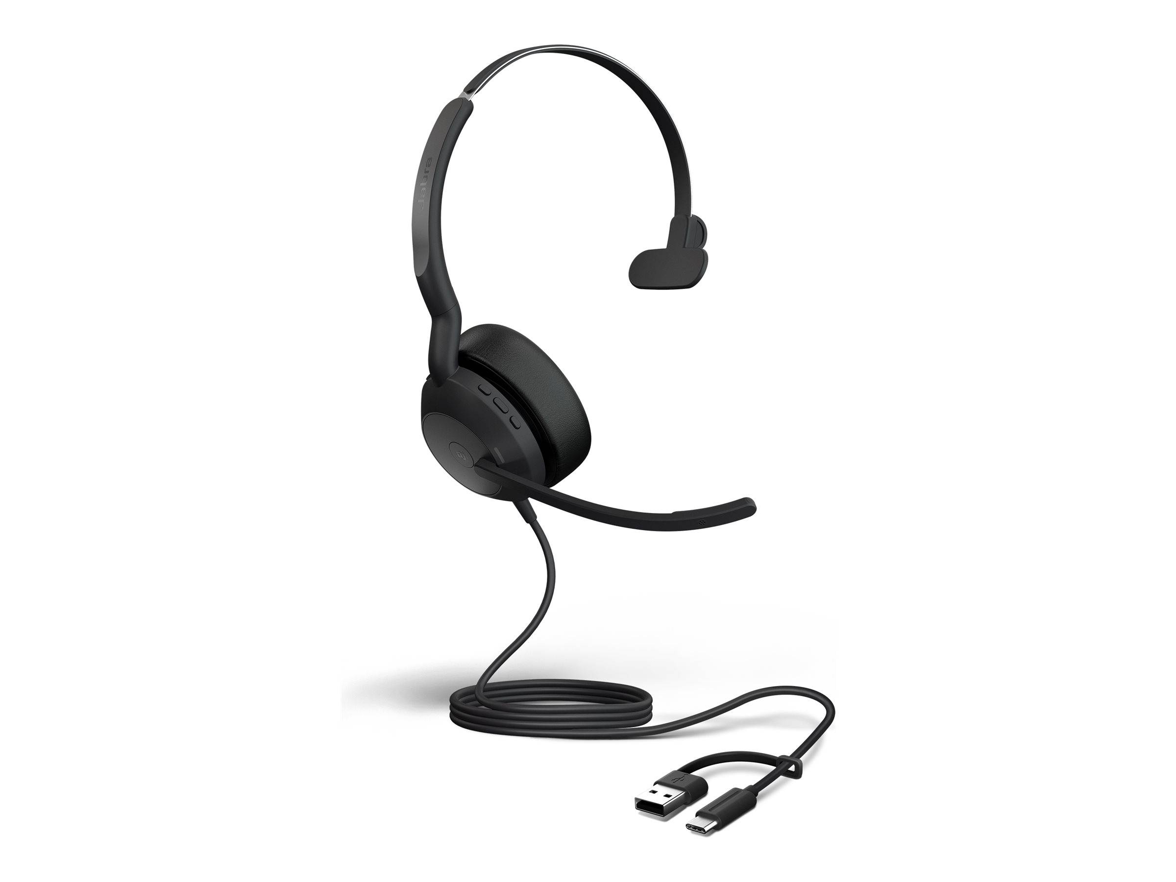 Ein schwarzes USB-Headset mit Mikrofon und gepolsterten Ohrmuscheln, entwickelt für die Computernutzung. Das Kabel ist aufgerollt mit USB-Anschlüssen abgebildet.