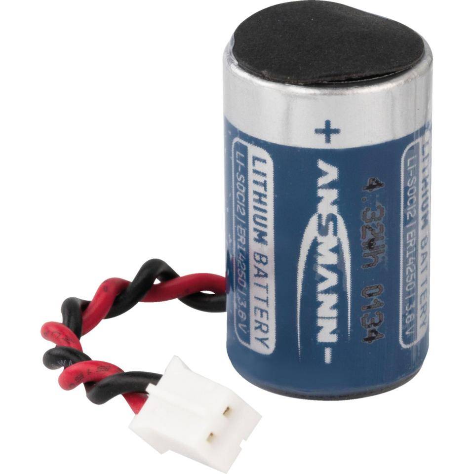 Zylindrische Lithium-Batterie mit roten und schwarzen Leitungsdrähten, die in einem weißen Stecker enden.