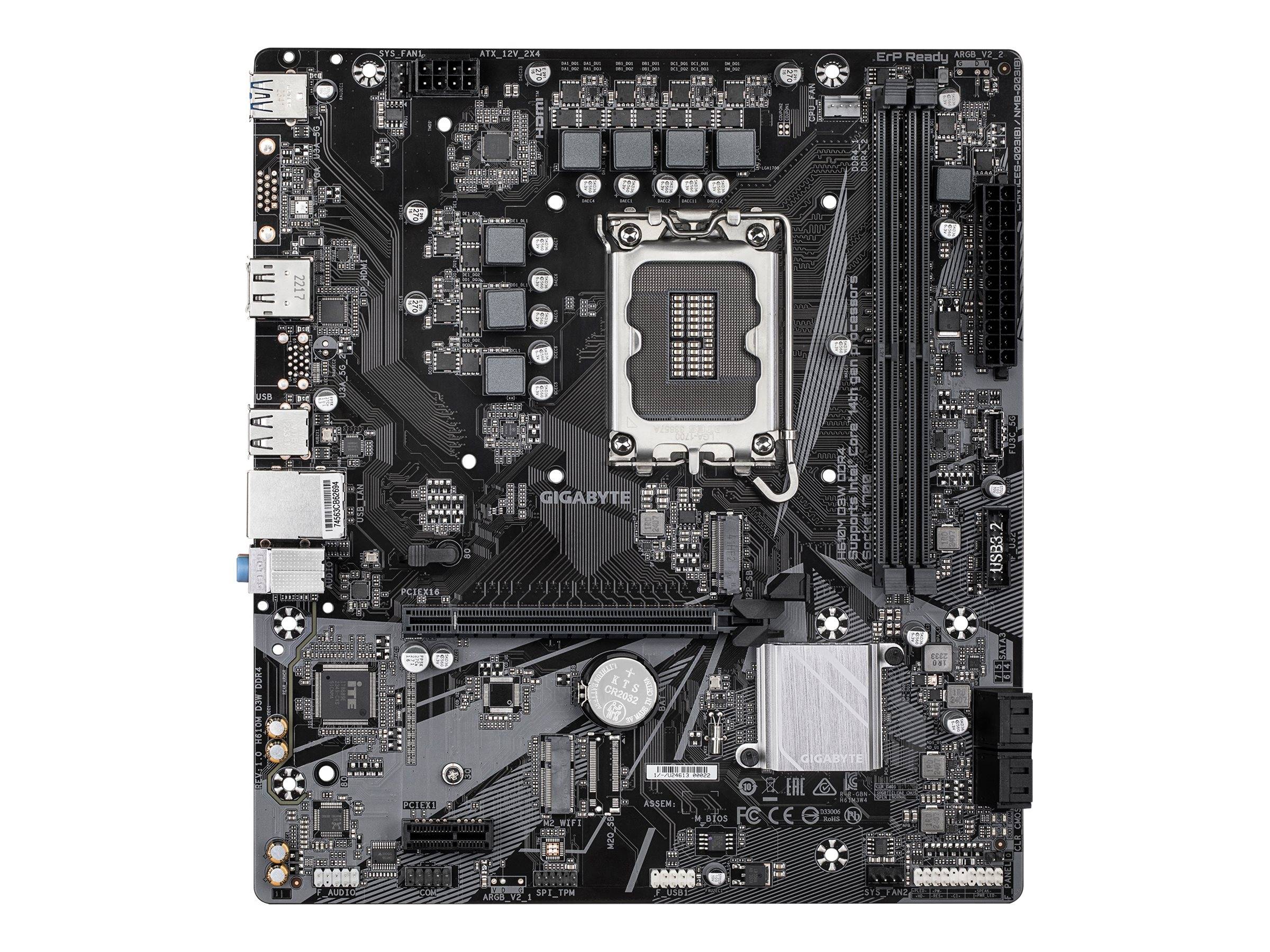 Draufsicht auf ein Gigabyte-Computerplatine mit CPU-Sockel, RAM-Steckplätzen, Erweiterungssteckplätzen, Stromverbindungen und Kühlkörpern.
