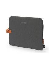 Grauer gepolsterter Laptop-Schutzbeutel oder Tablet-Tasche mit braunen Seitenlaschen, gezeigt auf weißem Hintergrund.